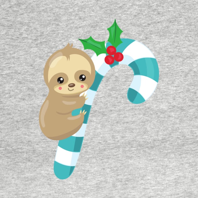 Christmas Sloth, Cute Sloth, Candy Cane, Mistletoe by Jelena Dunčević